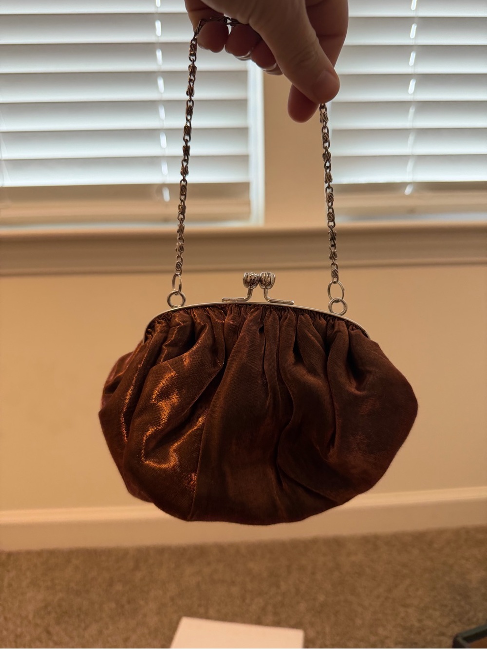Brown Satin Evening Clutch with Chain Strap